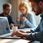 The image shows a laptop screen with charts and graphs, illustrating the simplicity of buying and selling online businesses.