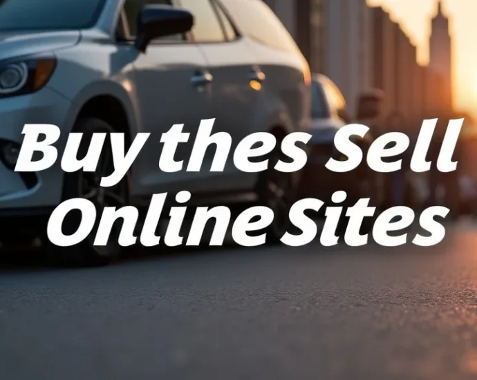 The image shows a person comparing various online marketplace logos to choose the best buy and sell sites.