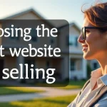 The image shows a person comparing different house listing websites on a laptop for selling houses.