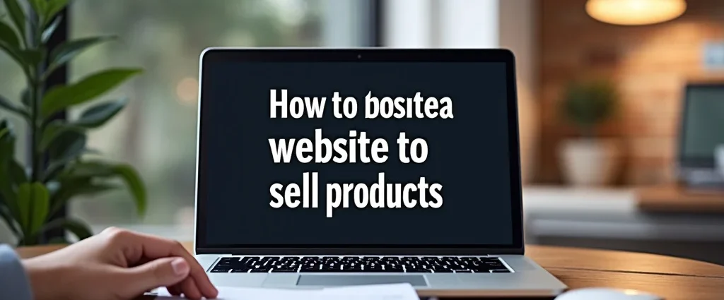 The image shows a laptop displaying a simple website design for selling products, illustrating how to create a website.