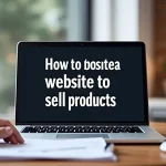 The image shows a laptop displaying a simple website design for selling products, illustrating how to create a website.