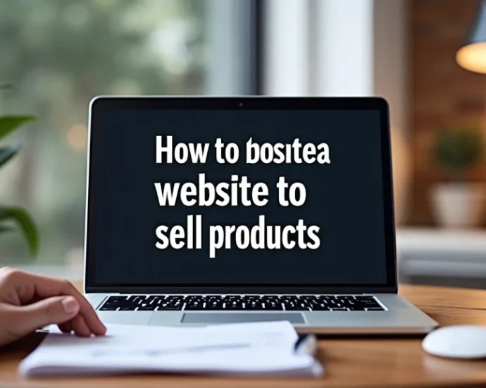 The image shows a laptop displaying a simple website design for selling products, illustrating how to create a website.