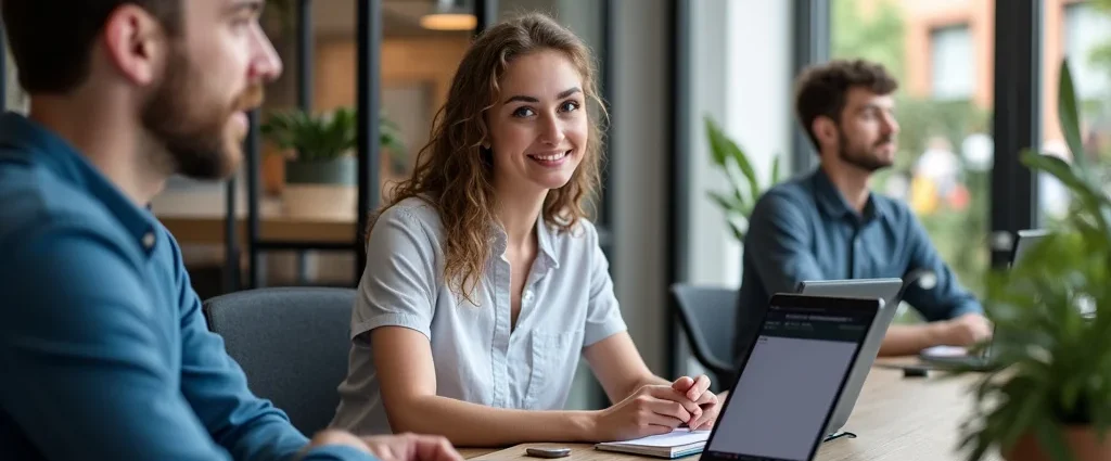 The image shows people interacting with a local website for buying and selling businesses.