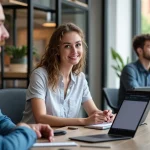 The image shows people interacting with a local website for buying and selling businesses.