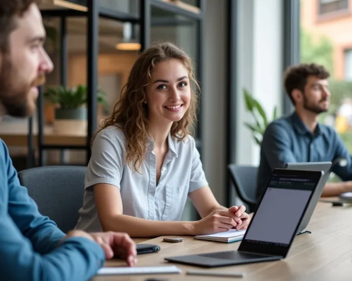 The image shows people interacting with a local website for buying and selling businesses.